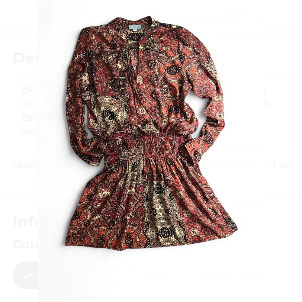 Veronica M Red Multi-Colored Long Sleeve Dress with Smocked Waistline